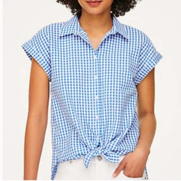Loft Gingham Short Sleeve Button Front Shirt Blue/White Size Small - Picture 1 of 11
